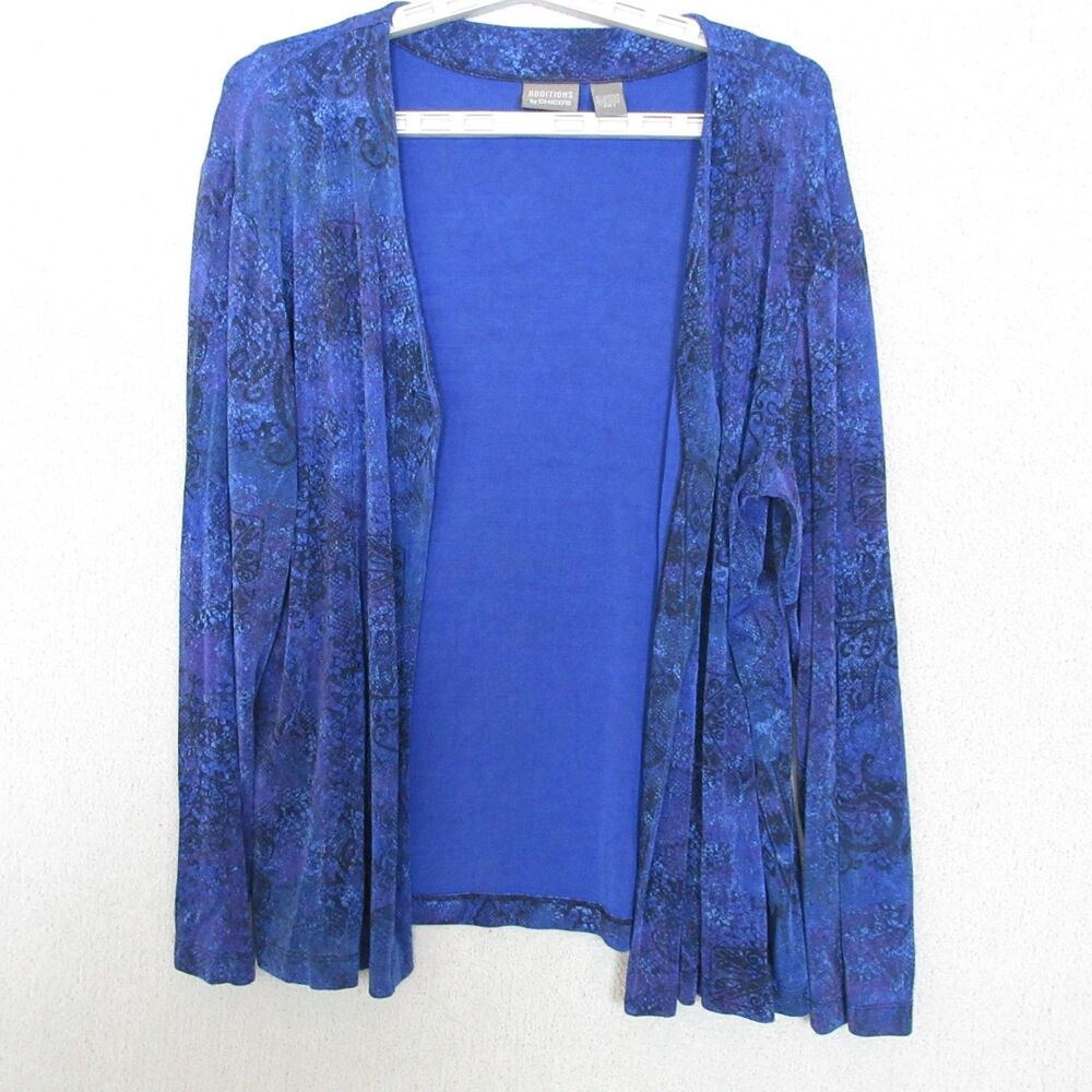 Chicos‎ Additions Cardigan Womens 3 (US XL) Blue Patterned Open Front Stretch